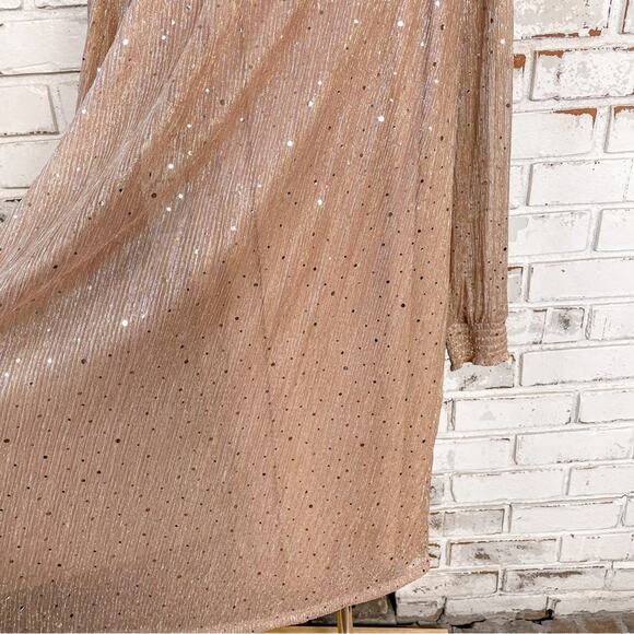 Nina Leonard Rose Gold Metallic Chiffon Sheer Mock Neck Cocktail Midi Dress - Picture 12 of 16